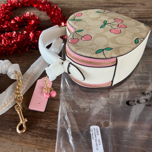 COACH Heart Crossbody In Signature Canvas With Heart Cherry Print NEW - Picture 5 of 14